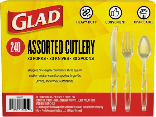 Glad Clear Disposable Cutlery Set - Heavy Duty Plastic Forks, Knives & Spoons | 240 Count for Parties & Everyday Use