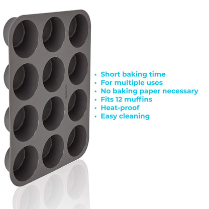 GOURMEO 12 Silicone Muffin Pan - Nonstick Baking Pans for English Muffins - Baking Tin Tray with Cupcake Cups