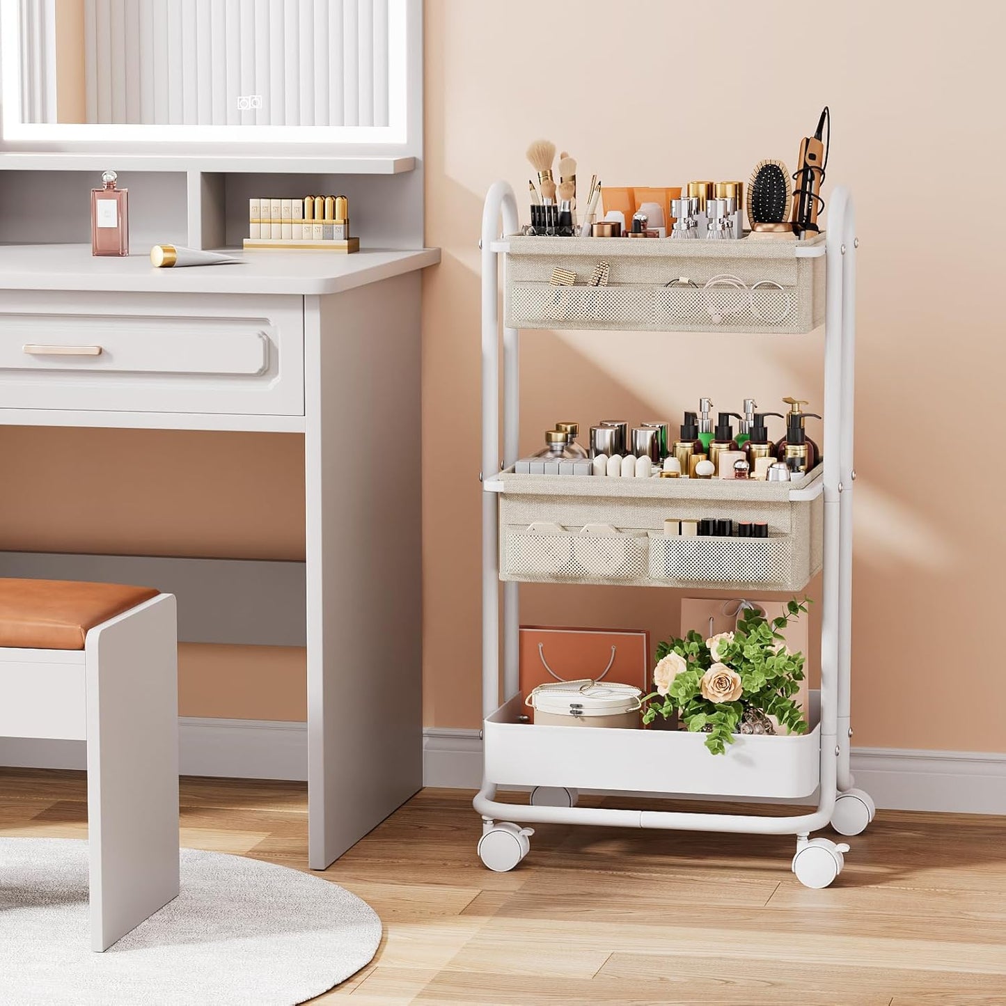 Modanais Baby Diaper Caddy Organizer Cart - 3-Tier Rolling Storage with Detachable Dividers | Off White