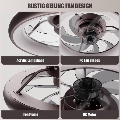 Ceiling Fans with Lights and Remote, Low Profile Ceiling Fan with Lights, 20'' Flush Mount Ceiling Fan, Dimmable LED Ceiling Fan, 6 Speeds, Rustic Smart Ceiling Fan for Bedroom/Living Room/Kitchen