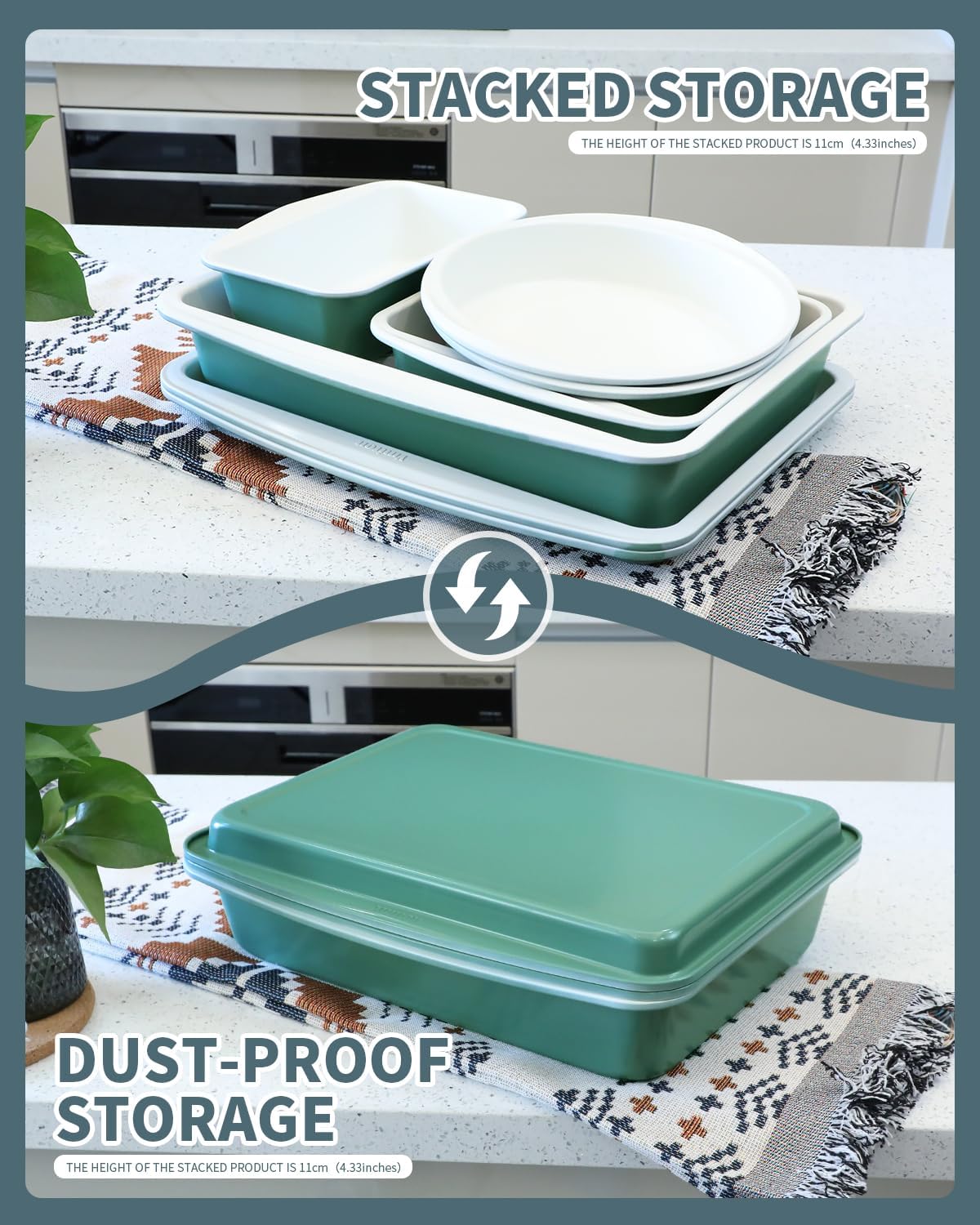 Skiennix Ceramic Nonstick Baking Pans Set - 30 PCS Stackable Bakeware, 550°F Oven Safe, Dishwasher Safe, Green