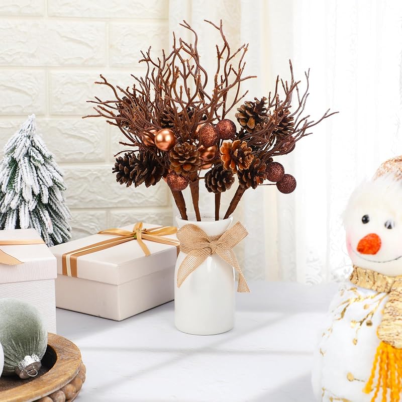 18 Pack Christmas Pinecone Picks - 14.5 Inch Rustic Bronze & Brown Branches (Variation 18)