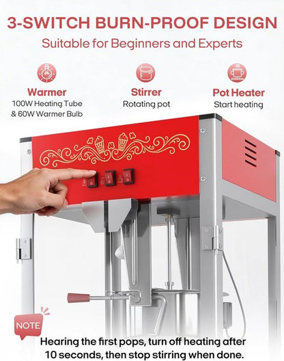 Commercial Popcorn Machine - Authentic 16oz Kettle Popcorn Maker with Warming Deck | 1600W Red