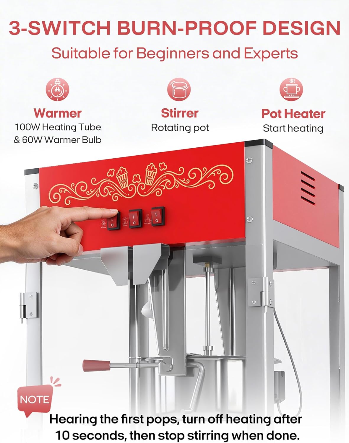 Skiennix Commercial Popcorn Machine - Authentic 16oz Kettle Maker with Warming Deck | 1600W Red
