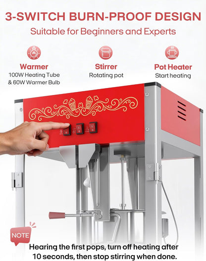 Skiennix Commercial Popcorn Machine - Authentic 16oz Kettle Maker with Warming Deck | 1600W Red
