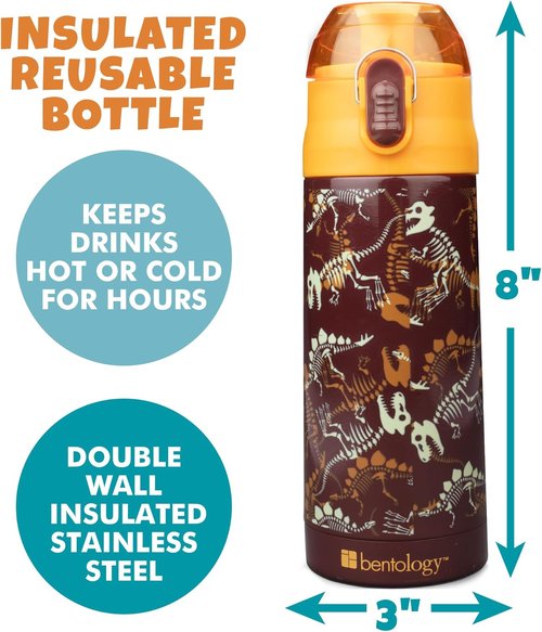 Bentology Stainless Steel Water Bottle for Kids - 13 oz Dinosaur Design, Double Wall Insulated, Spill Proof Lid