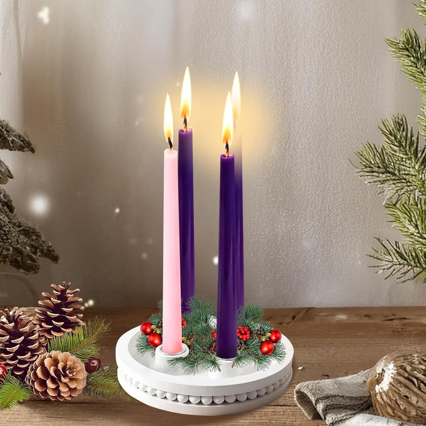 Skiennix 7-Inch Wooden Candle Holder - Advent Wreath with Bead Design for Christmas Decor | White