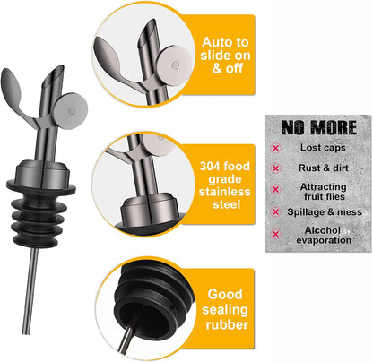 WAFJAMF 2 Pcs Weighted Stainless Steel Bottle Pourers, Self Closing Olive Oil Dispenser Spout, Auto Flip Feature Liquor Pour Spouts for Pours Liquid, Olive Oil, Wine, Vinegar (Black)……