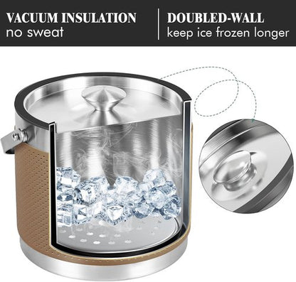 3Quart/3.2L Insulated Ice Bucket with Lid, Scoop, Leather Design Double Wall Stainless Steel Ice Bucket for Cocktail Bar, Parties (Brown)