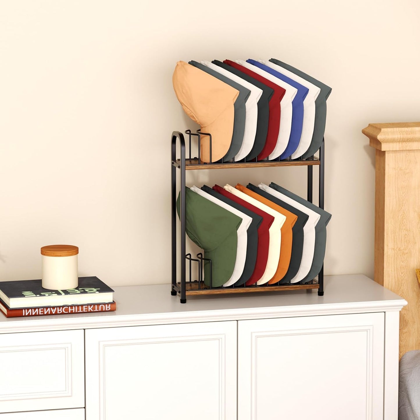SWTYMIKI Hat Stand | 2-Tier Wood & Metal Organizer - Removable Tabletop Rack for 20 Caps (Black)