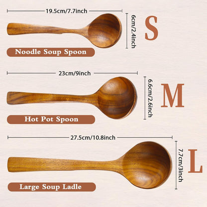 Skiennix Wooden Ladle - Natural Teak Cooking Spoon Set | Non-Stick, 3 Sizes for Soup & More