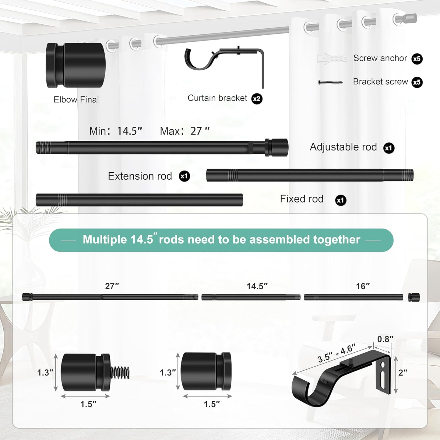 Ottsuls Curtain Rods - Adjustable 32-46 Inches | Heavy Duty Black Metal Set with Brackets