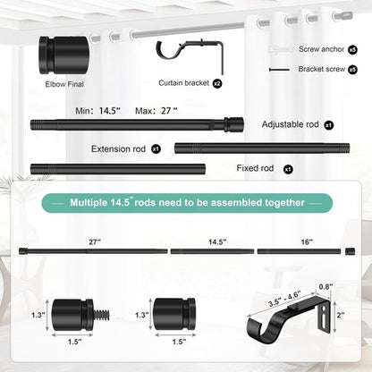 Ottsuls Curtain Rods for Windows, 32 to 46 or 58 Inches Max Adjustable Length, 1 Inch Diameter, Black Decorative Curtain Rod Set, Rustproof Heavy Duty Metal Pole with Brackets