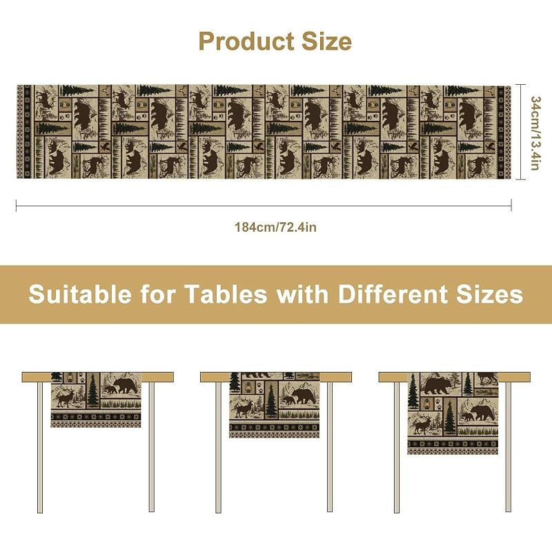 Cabin-11 Rustic Bear Deer Table Runner 13x90 Inches – Linen Kitchen Dinning Decor