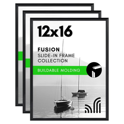 Americanflat 12x16 Picture Frame with Polished Front Cover - Set of 3 - Slide-In Photo Frame with Buildable Molding - Fusion Collection - Picture Frames for Wall Display - Black