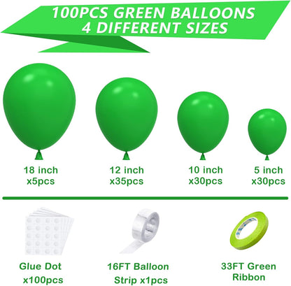 YAOWKY Green Balloons - 100PCS Latex Balloon Garland Kit | 5-18 Inches for Birthday, Wedding & Graduation Decor