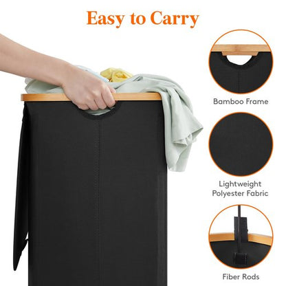 Lifewit 80L Laundry Basket with Lid, Clothes Hampers for Laundry with Bamboo Handles and 1 Removable Bag, Large Foldable Laundry Hamper for Bedroom, Bathroom, Dorm, Laundry Room, Black