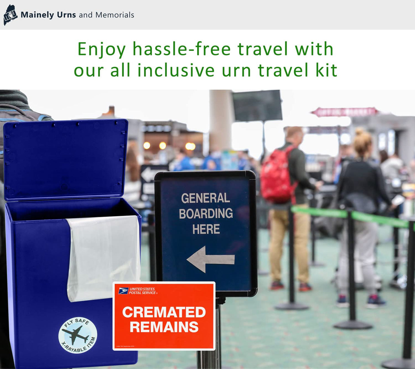 TSA Approved Fly-Safe and Temporary Travel Cremation Urn Kit for Human Ashes - Airline Friendly - 200 Cubic Inch Capacity - Airline-Ready Blue Plastic Urn with Included Travel Box