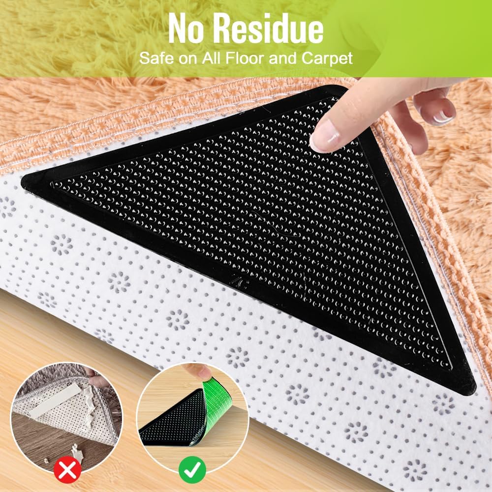 Skiennix Rug Tape - 8 Pcs No Damage, Reusable Washable Grippers for Hardwood Floors | Black