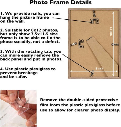 JCJMY 8x12 Picture Frame - Rustic Brown Wall Mount or Tabletop Display with Shatter-Resistant Plexiglass