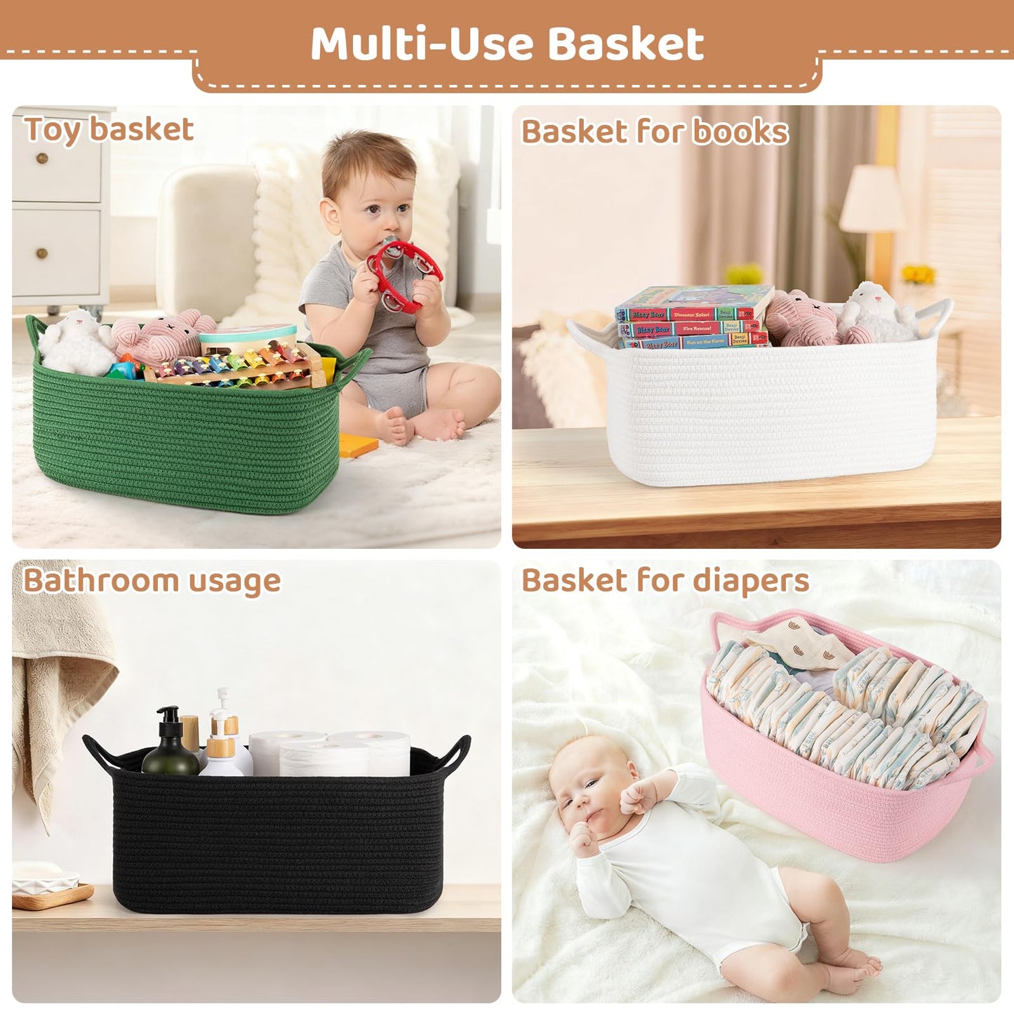OIASKET Large Empty Gift Baskets for Baby Shower, 16.5" L x 12.6" W x 7" H Cute Woven Storage Basket with Gift Bags and Ribbons, Small Rope Toy Basket with Handles, Cat Dog Pet Toy Organizer - White