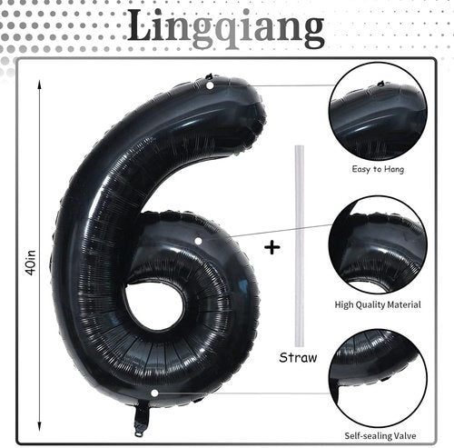 Black Balloon Number 6 - 40 Inch Self-Inflating Foil Balloon for 6th & 16th Birthday Celebrations