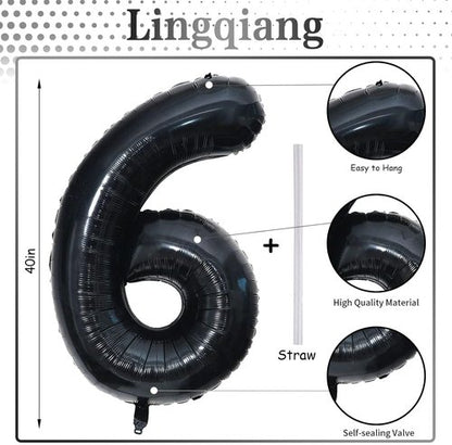Black Balloon Number 6 - 40 Inch Self-Inflating Foil Balloon for 6th & 16th Birthday Celebrations