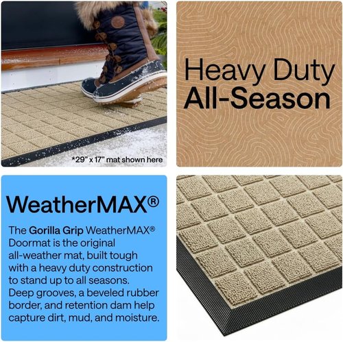 GORILLA GRIP Waterproof All-Season Doormat - Natural Rubber, Stain & Fade Resistant, Easy Clean, 29x17, Taupe Grid
