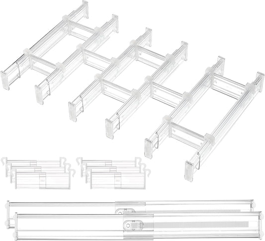 Vtopmart Drawer Dividers - Expandable Kitchen Organizer with 8 Dividers & 14 Inserts | Adjustable 12.8"-22.3" Clear Plastic Separator for Utensils & Cutlery
