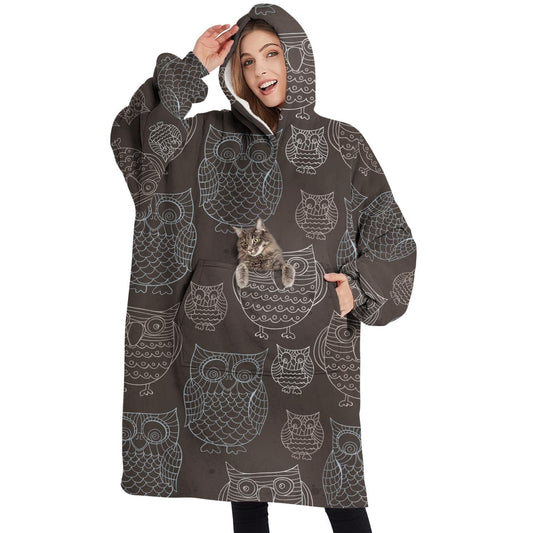 Touchbetter Black Doodle Owls Wearable Oversized Blanket, Sherpa Blanket Hoodie with Super Pockets, Super Warm Fuzzy Pullover for Women & Men