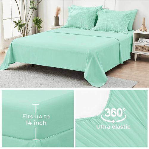 HYMOKEGE Mint Green Queen Comforter Set Seersucker 7 Pieces, All Season Luxury Bed in a Bag Queen for Bedroom, Bedding Set with Comforter, Sheets, Pillowcases & Shams