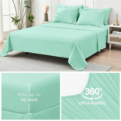 HYMOKEGE Mint Green Queen Comforter Set Seersucker 7 Pieces, All Season Luxury Bed in a Bag Queen for Bedroom, Bedding Set with Comforter, Sheets, Pillowcases & Shams