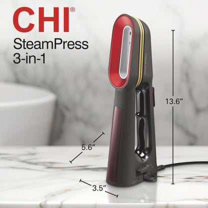 CHI SteamPress 3-in-1 Handheld Garment Steamer & Clamping Steam Iron, No Ironing Board Needed, 200ml Water Tank, 9 Minutes of Steaming, 25 Second Fast Heat-Up, 1500 Watts, 10’ Cord, Black (11600)
