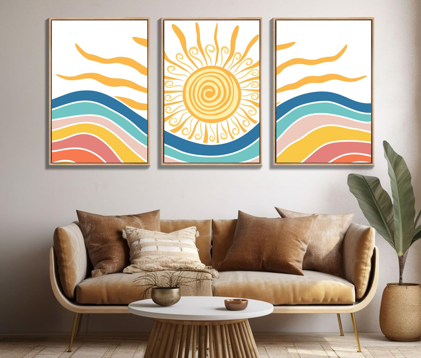 LNLAGBO Framed Boho Sunshine Wall Art Set of 3 Canvas Print Yellow Sun Rising on The Sea Minimalist Art,Mid Century Modern Boho Sun Wall Decor for Bedroom Living Room Office16 x24