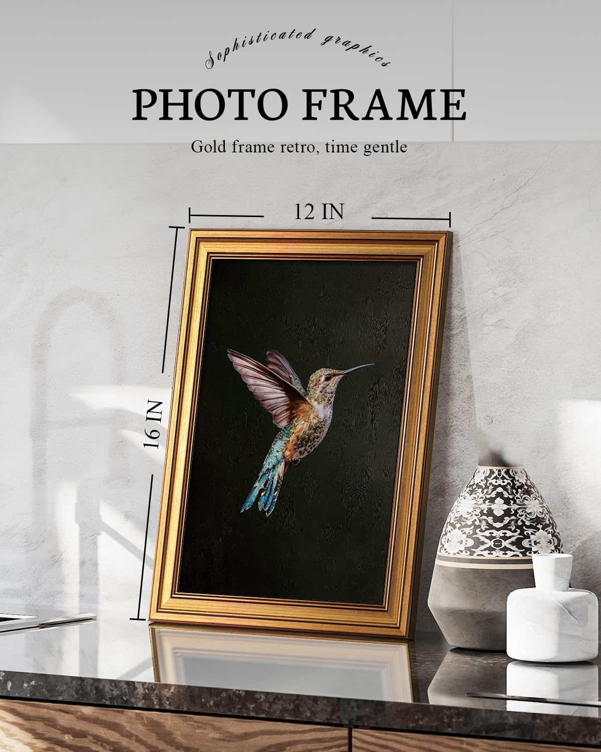 VIYYIEA Gold Framed Canvas Wall Art - Dark Hummingbird Photo Print for Living Room & Bedroom | 12x16 Inch