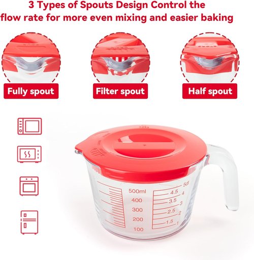 Glass Measuring Cups Set by [Brand Name] - 6 Pcs with Lids & Strainer | Easy-Grip Handles, Nesting Design