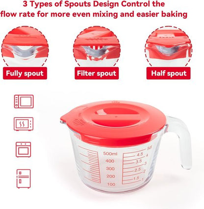 Glass Measuring Cups Set by [Brand Name] - 6 Pcs with Lids & Strainer | Easy-Grip Handles, Nesting Design