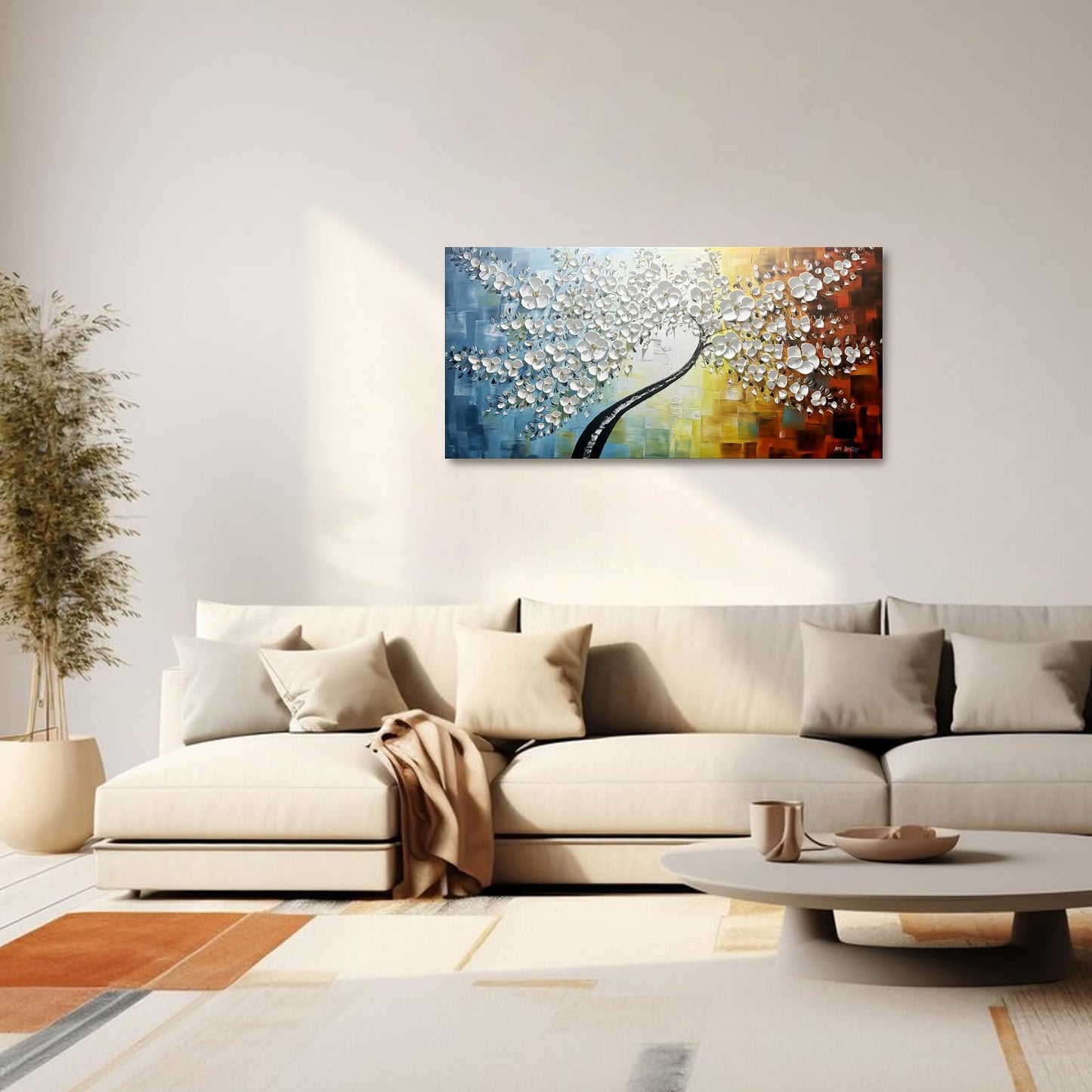 NEATKA 100% hand-painted Modern Hand Painted Abstract Lucky Tree Canvas Art Golden Flower 3D Oil Painting Canvas Modern Home Interior Decor Abstract Art 3D Flowers Paintings Ready to hang 24x48inch