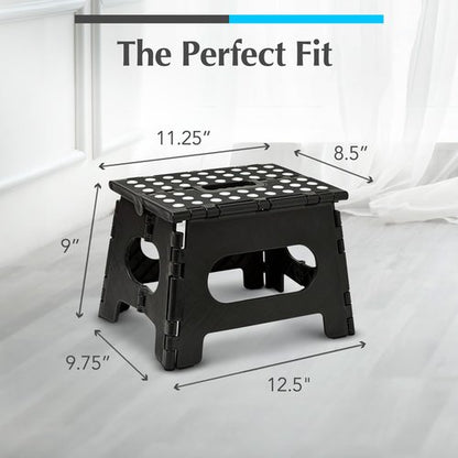 Handy Laundry Folding Step Stool - Sturdy Enough Collapsible Stool to Support Adults and Safe Enough for Kids - Opens Easy with One Flip - Great for Kitchen, Bathroom or Bedroom (Black - 9 Inch)