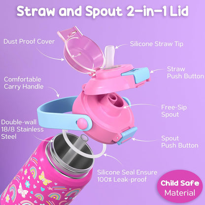 Skiennix Kids Insulated Water Bottle - 18oz Leak-Proof Stainless Steel Tumbler with 2-in-1 Lid | Rainbow & Mermaid Design