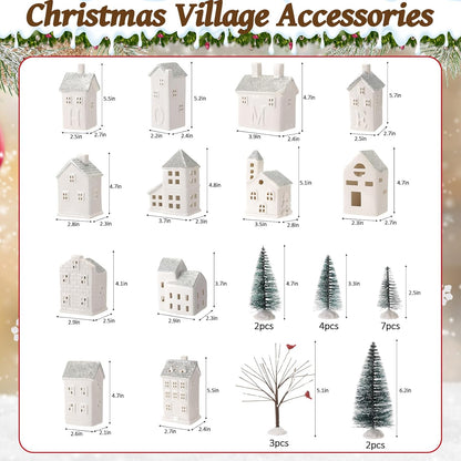 Zubebe 30 Pcs LED Christmas Village Set - Porcelain Holiday Figurines for Indoor Decor | Silver