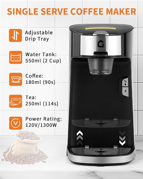 IDEALHOUSE Single Serve Coffee Maker - K Cup Compatible, Auto Shut Off, 18.6 Oz Water Tank | Fast Brew for Home & Office