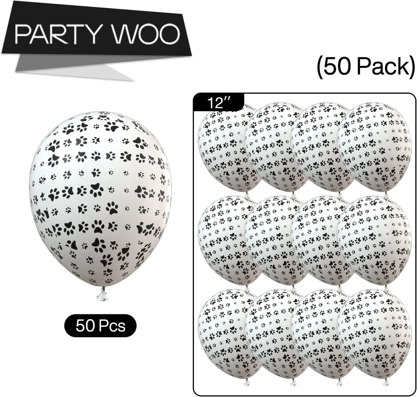 PartyWoo Paw Balloons - 12 Inch Matte White Dog Paw Print Latex Balloons | 50 Pack for Animal-Themed Parties