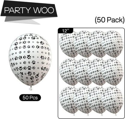 PartyWoo Paw Balloons - 12 Inch Matte White Dog Paw Print Latex Balloons | 50 Pack for Animal-Themed Parties