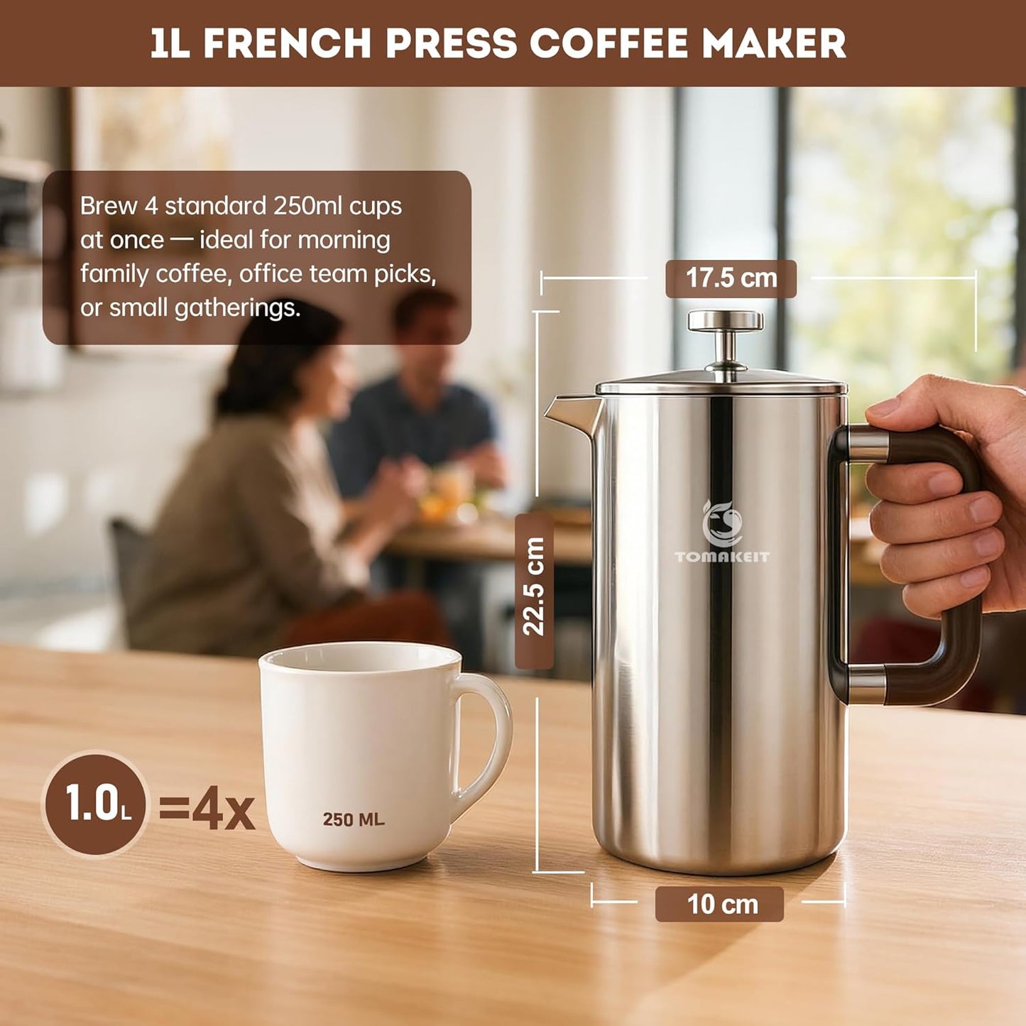 Skiennix French Press Coffee Maker - Durable 304 Stainless Steel, Easy Clean & Leak-Proof | 1L/34 Oz (Silver Upgrade)