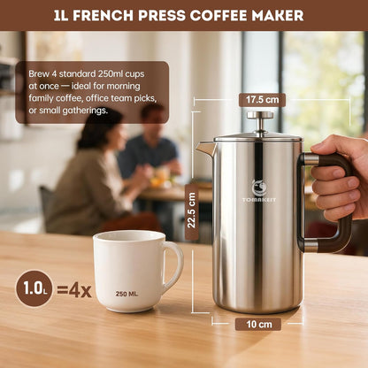Skiennix French Press Coffee Maker - Durable 304 Stainless Steel, Easy Clean & Leak-Proof | 1L/34 Oz (Silver Upgrade)