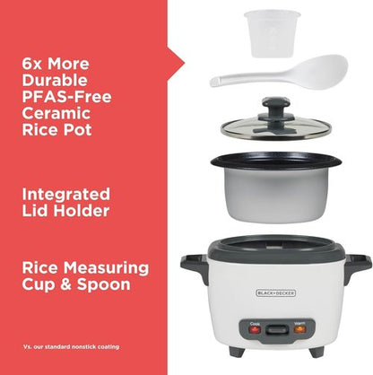 BLACK+DECKER 3-Cup Rice Cooker - One-Touch Operation, Removable Non-Stick Bowl, White Finish