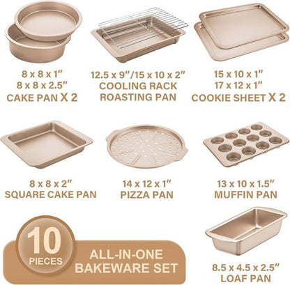 HONGBAKE Nonstick Bakeware Set - 10-Piece Kitchen Baking Pans with Wider Grips | Champagne Gold