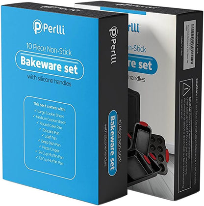 Perlli 12-Piece Nonstick Bakeware Set - Quality Carbon Steel Kitchenware with Red Silicone Handles | Ideal for Cakes, Loaves, Muffins & More