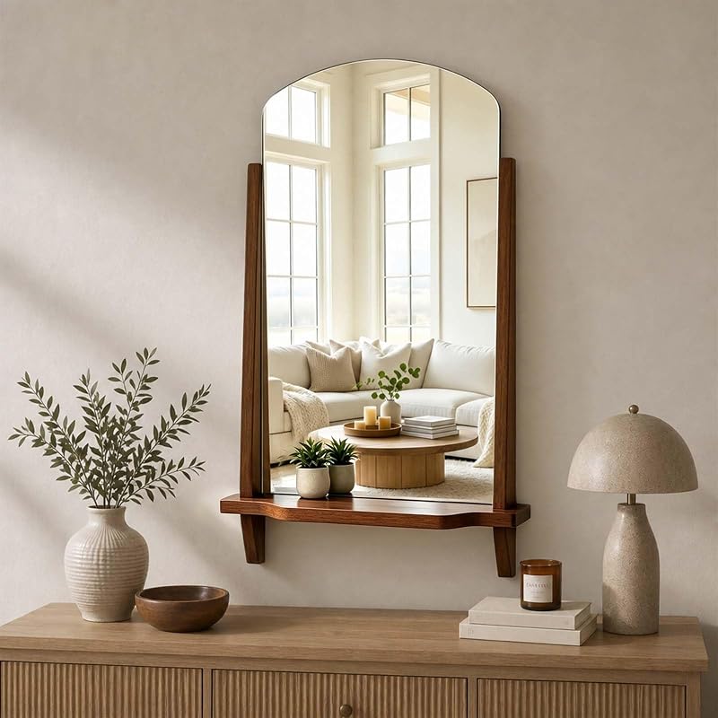 Arched Wall Mirror with Shelf - 24 x 37.4 Inch Walnut Wood Frame, Tempered Glass
